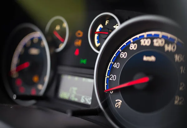 Close Speedometer Car Dashboard Night — Stock Photo, Image