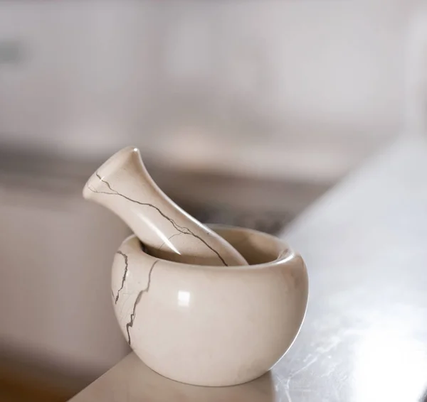 Close Marble Mortar Pestle Kitchen Countertop Cooking Purposes Pharmacy Laboratory — Stock Photo, Image