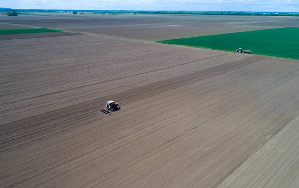 Luchtfoto Van Trekker Schrijnend Veld Het Voorjaar Schieten Van Drone — Stockfoto