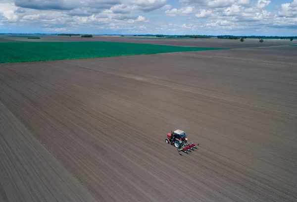 Luchtfoto Van Trekker Schrijnend Veld Het Voorjaar Schieten Van Drone — Stockfoto