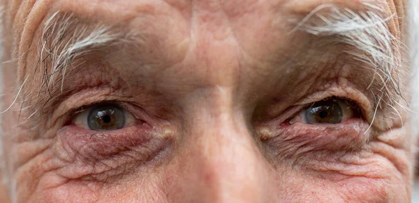 Close up of old man eyes with wrinkled skin. Happy expression from look