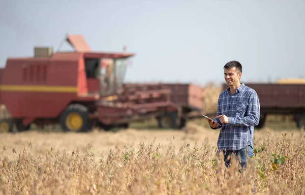 大豆畑に立つハンサムな農家と錠剤を保持しながら 背景に働くトレーラーと収穫機とトラクターを組み合わせる — ストック写真