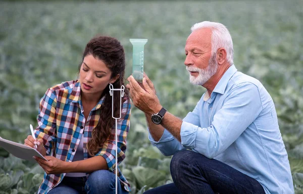 Mature farmer looking at rain gauge in field while young woman assistante writing down measures