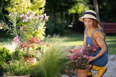 Güneş şapkalı güzel bir kadın, bahçedeki çiçek ve bitkilerle ilgilenirken çömelmiş.