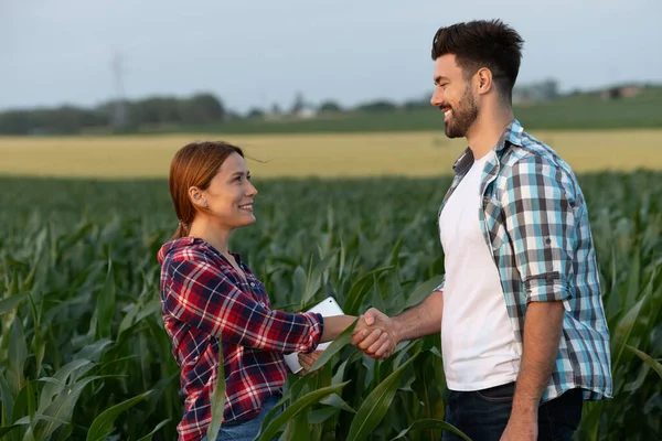Çiftçilerin mısır tarlasında dururken el sıkışması. Erkek ve kadın gülümsüyor, mutlu bir şekilde iş yapıyorlar.