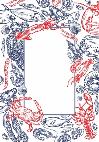 Raster illustration of seafood, crabs, fish, shrimp, shells, mussels, crayfish. Greeting card for the design of the menu or cover.