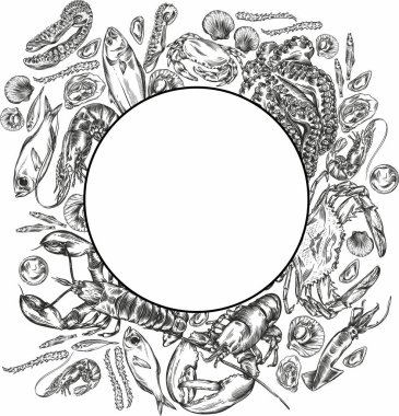 Farklı deniz ürünleri tasviri.