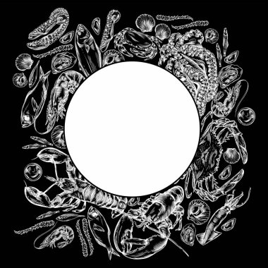 Farklı deniz ürünleri tasviri.