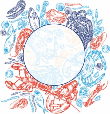 Farklı deniz ürünleri tasviri.