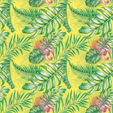 Tropik, pürüzsüz bir iz. Kumaş, ambalaj ve yaratıcılık için baskılar.