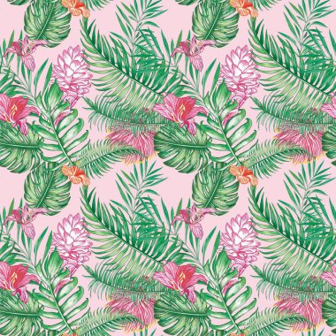 Tropik, pürüzsüz bir iz. Kumaş, ambalaj ve yaratıcılık için baskılar.