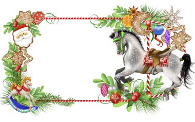 Noel oyuncakları ve zencefilli kurabiyeli Noel kartı.