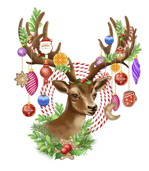 Christmas deer illustration with Christmas toys and mistletoe sprigs.