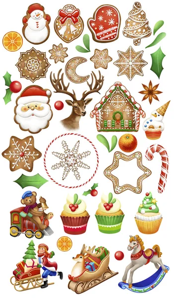 Μεγάλη Σειρά Εικονογραφήσεων Χριστουγεννιάτικων Μπισκότων Γλυκών Και Λεπτομερειών — Φωτογραφία Αρχείου