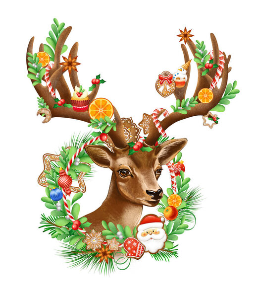 Christmas deer illustration with Christmas toys and mistletoe sprigs.
