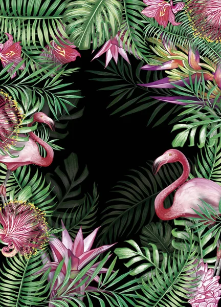 Jasny Zestaw Tropikalnych Liści Egzotycznych Kwiatów Wysokiej Jakości Szczegółowym Rysunku — Zdjęcie stockowe