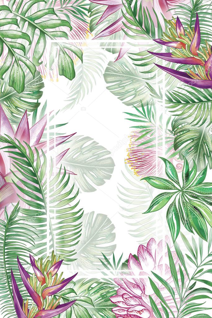 Bright set of tropical leaves and exotic flowers in high quality and detailed drawing.