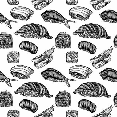 Suşi, rulo ve deniz ürünleri çizimi tarzında Raster çizimleri. Tüm elementlerin yüksek kaliteli detaylı çizimi.
