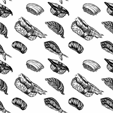 Suşi, rulo ve deniz ürünleri çizimi tarzında Raster çizimleri. Tüm elementlerin yüksek kaliteli detaylı çizimi.
