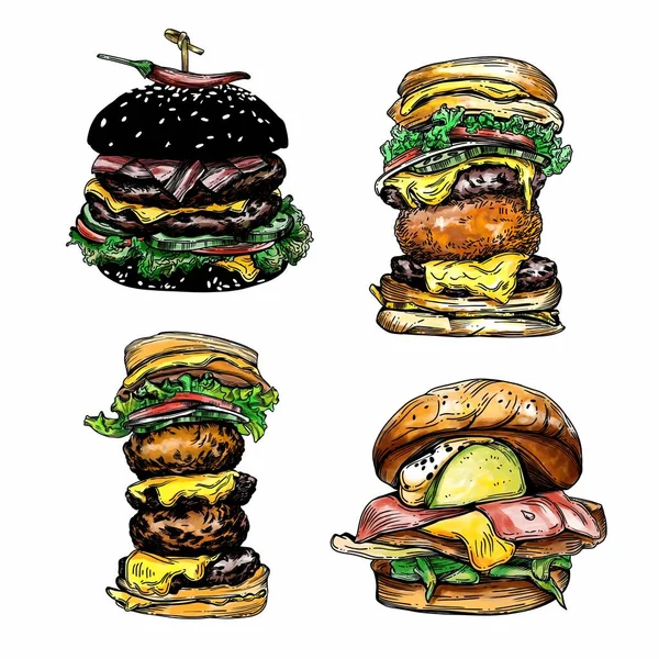 Raster Illustrations Style Sketch Fast Food Rolls Other Food High — Stock Photo, Image