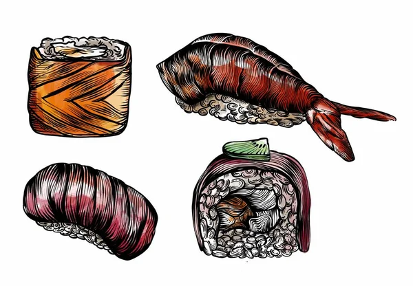 Raster Ilustrações Estilo Esboço Sushi Rolos Frutos Mar Desenho Detalhado — Fotografia de Stock