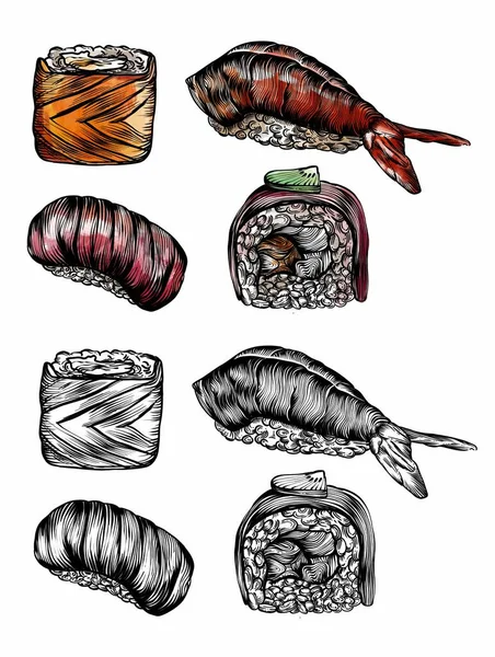 Ilustraciones Trama Estilo Boceto Sushi Rollos Mariscos Dibujo Detallado Alta —  Fotos de Stock