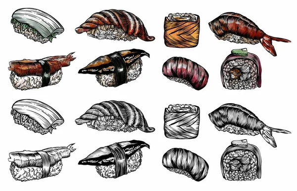 Illustrations Matricielles Dans Style Croquis Sushis Rouleaux Fruits Mer Dessin — Photo