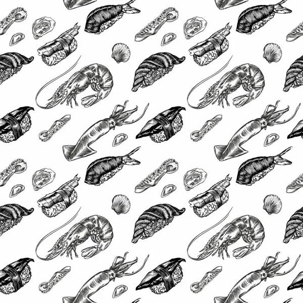 Raster Ilustrações Estilo Esboço Sushi Rolos Frutos Mar Desenho Detalhado — Fotografia de Stock