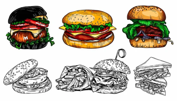 Raster Ilustracje Stylu Szkicu Fast Food Bułki Inne Jedzenie Wysokiej — Zdjęcie stockowe