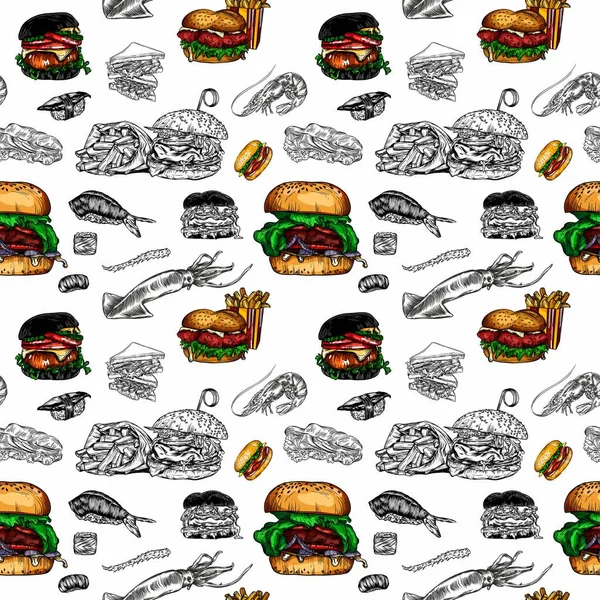 Fast Food Rulo Diğer Yiyeceklerin Çizimi Şeklinde Raster Çizimleri Tüm — Stok fotoğraf