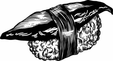 Suşi, rulo ve deniz ürünleri çizimi tarzında vektör çizimler. Tüm elementlerin yüksek kaliteli detaylı çizimi.