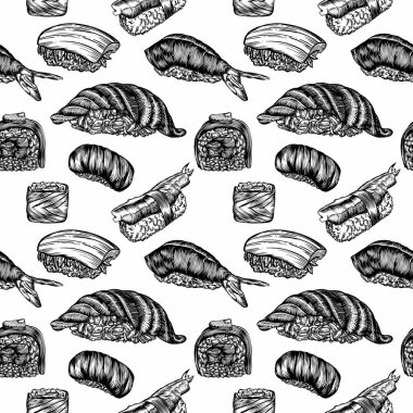 Suşi, rulo ve deniz ürünleri çizimi tarzında vektör çizimler. Tüm elementlerin yüksek kaliteli detaylı çizimi.