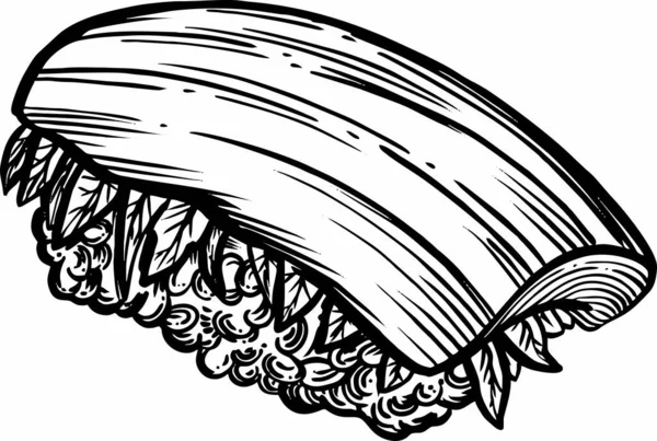 Suşi, rulo ve deniz ürünleri çizimi tarzında vektör çizimler. Tüm elementlerin yüksek kaliteli detaylı çizimi.