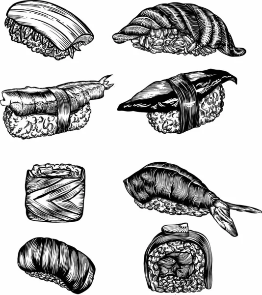 Wektorowe Ilustracje Stylu Szkicu Sushi Bułek Owoców Morza Wysokiej Jakości — Wektor stockowy