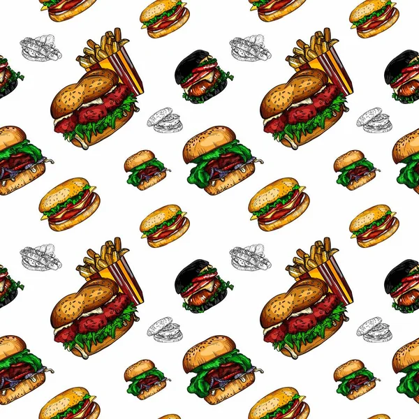 ファーストフードやハンバーガーのスケッチのスタイルでベクトルイラスト すべての要素の高品質な詳細図面 — ストックベクタ
