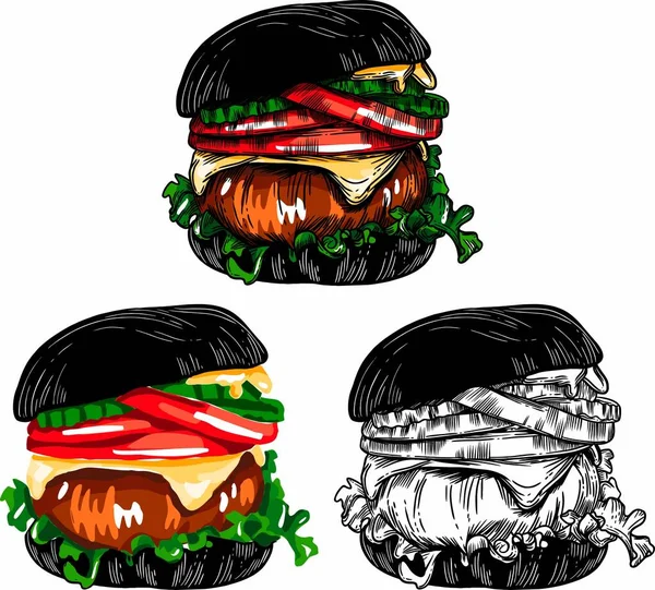 Vector Illustrations Style Fast Food Hamburger Sketch High Quality Detailed — Stock Vector