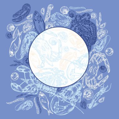 Değişik deniz ürünleri taslak şeklinde vektör çizimleri. Tüm elementlerin yüksek kaliteli detaylı çizimi.