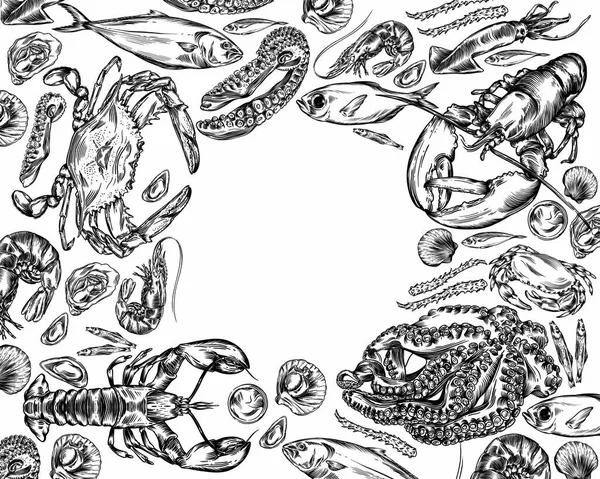 Illustrazioni Vettoriali Nello Stile Uno Schizzo Frutti Mare Diversi Disegno — Vettoriale Stock