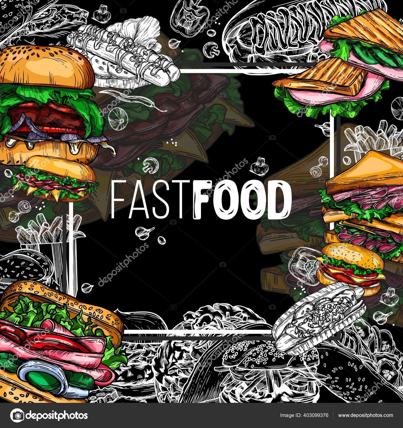 Vector Fast Food Illustrations Style Sketch Burgers Pizza Sandwiches Fries  Stock Vector by ©Vishnevyysvet 403099376, image size:1600x1700