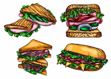 Çizim tarzındaki fast food çizimlerini yönlendir. Hamburger, pizza, sandviç, patates kızartması, hamburger. Elementlerin yüksek kaliteli detaylı çizimi.
