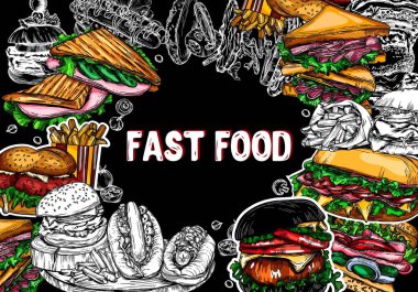Çizim tarzındaki fast food çizimlerini yönlendir. Hamburger, pizza, sandviç, patates kızartması, hamburger. Elementlerin yüksek kaliteli detaylı çizimi.