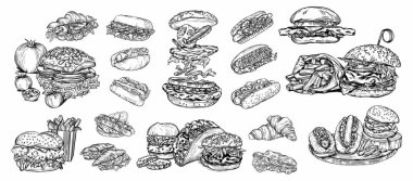 Çizim tarzındaki fast food çizimlerini yönlendir. Hamburger, pizza, sandviç, patates kızartması, hamburger. Elementlerin yüksek kaliteli detaylı çizimi.