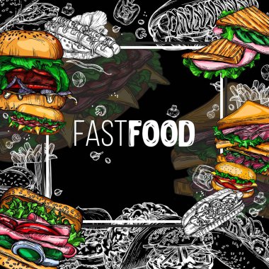 Çizim tarzındaki fast food çizimlerini yönlendir. Hamburger, pizza, sandviç, patates kızartması, hamburger. Elementlerin yüksek kaliteli detaylı çizimi.