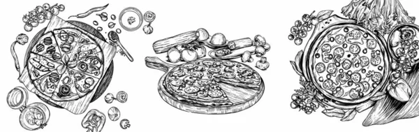 Vektor Ilustrasi Makanan Cepat Saji Dalam Gaya Sketsa Burger Pizza - Stok Vektor