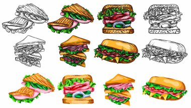 Çizim tarzında bir fast food çizimi. Hamburger, pizza, sandviç, patates kızartması, hamburger. Elementlerin yüksek kaliteli detaylı çizimi.