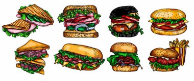 Çizim tarzında bir fast food çizimi. Hamburger, pizza, sandviç, patates kızartması, hamburger. Elementlerin yüksek kaliteli detaylı çizimi.