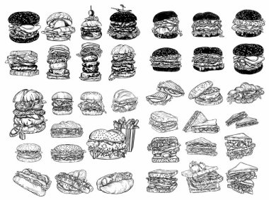 Çizim tarzında bir fast food çizimi. Hamburger, pizza, sandviç, patates kızartması, hamburger. Elementlerin yüksek kaliteli detaylı çizimi.