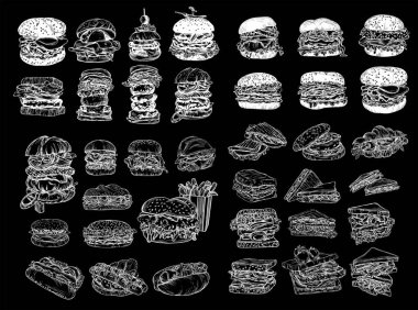 Çizim tarzında bir fast food çizimi. Hamburger, pizza, sandviç, patates kızartması, hamburger. Elementlerin yüksek kaliteli detaylı çizimi.