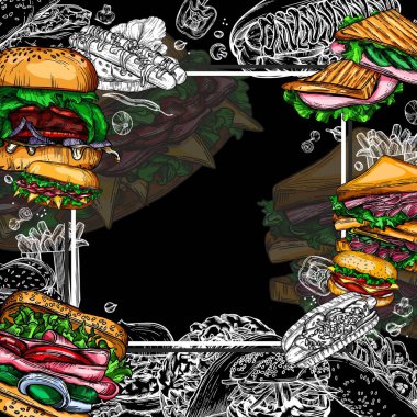 Çizim tarzında bir fast food çizimi. Hamburger, pizza, sandviç, patates kızartması, hamburger. Elementlerin yüksek kaliteli detaylı çizimi.