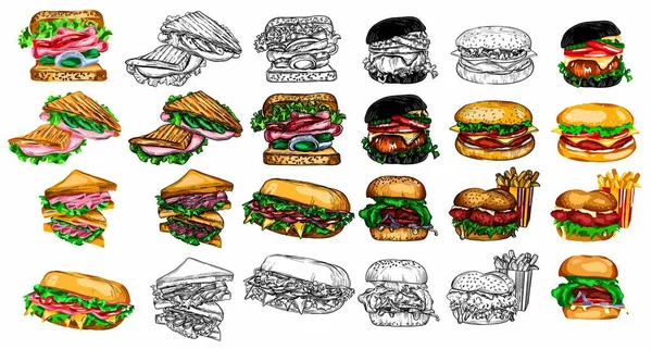 Raster fast food illustrations in the style of the sketch. Burgers, pizza, sandwiches, fries, burgers. High-quality detailed drawing of elements.